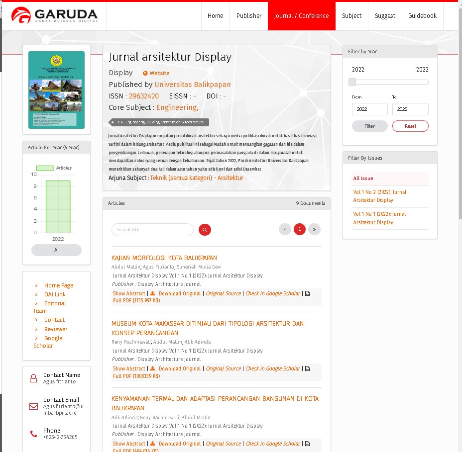 Tampilan Jurnal Arsitektur Display di Portal GARUDA